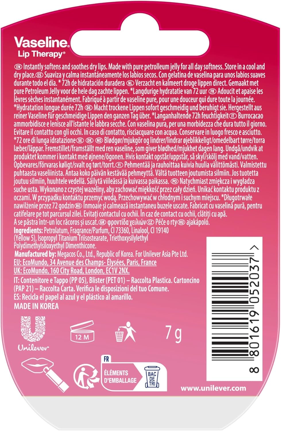 Vaseline Vas Lip Therapy, . 25oz - Rosy