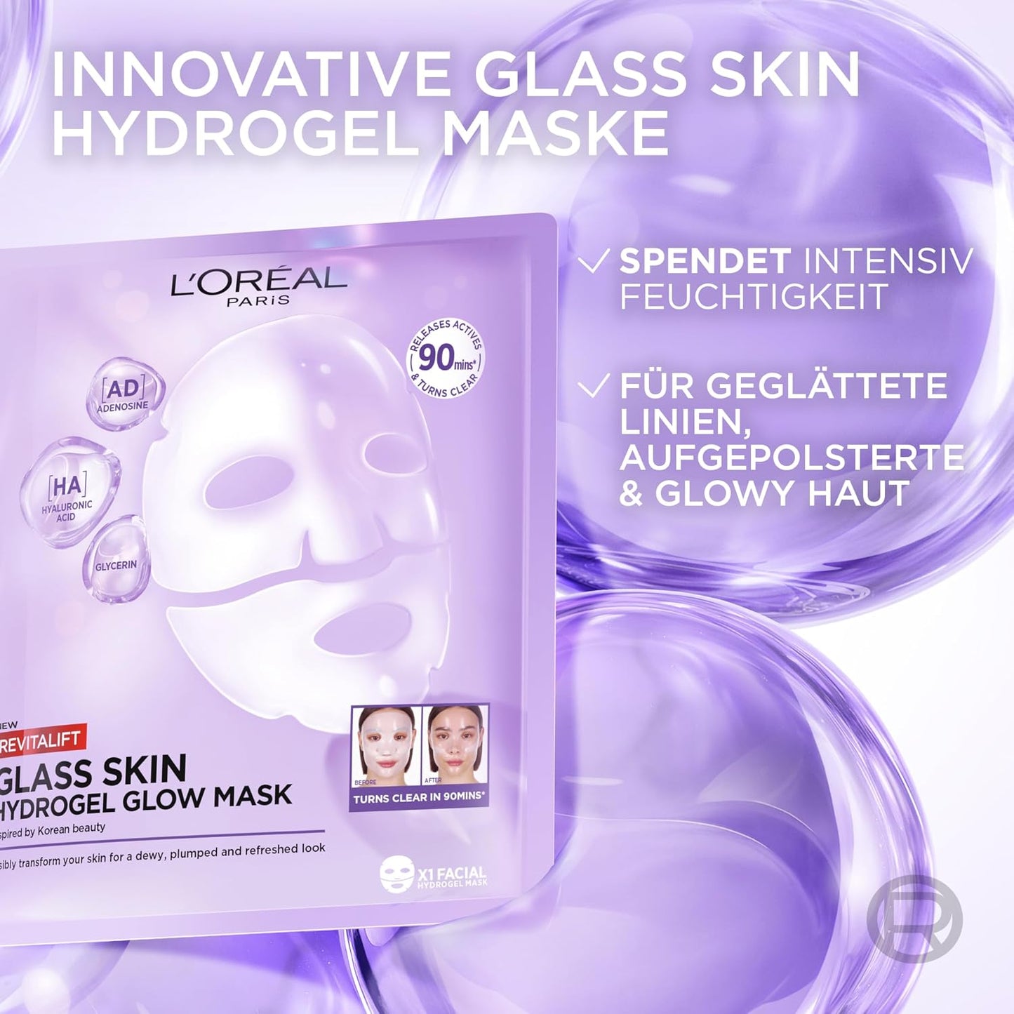 L'Oréal Paris Glass Skin Hydrogel Mask, for Plumped & Glowy Skin, Moisturising & Smoothing, [with Hyaluronic Acid, Glycerine and Centella Asiatica], Revitalift Filler, Single Mask 25 g