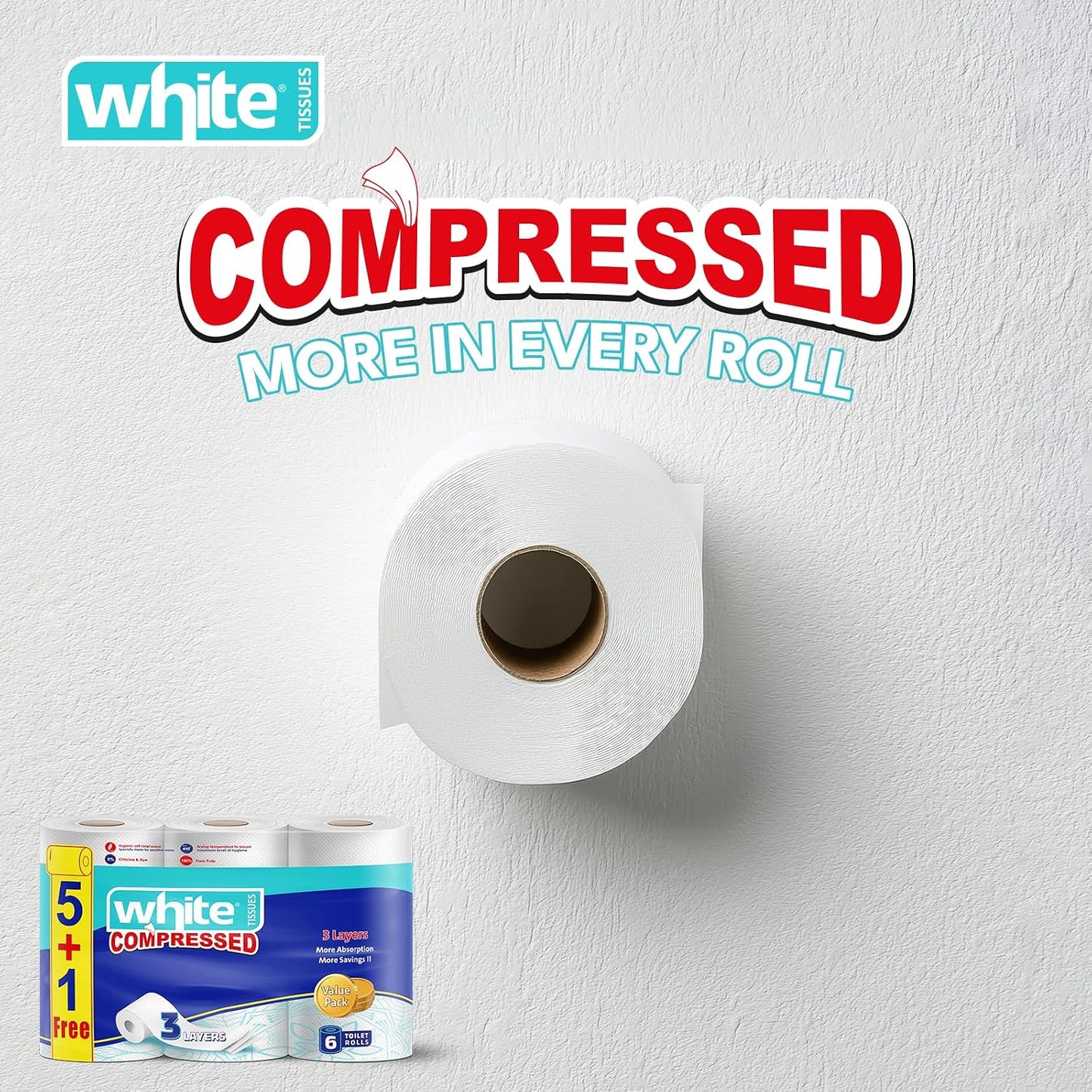 White compressed toilet rolls, 3 ply, 6 rolls