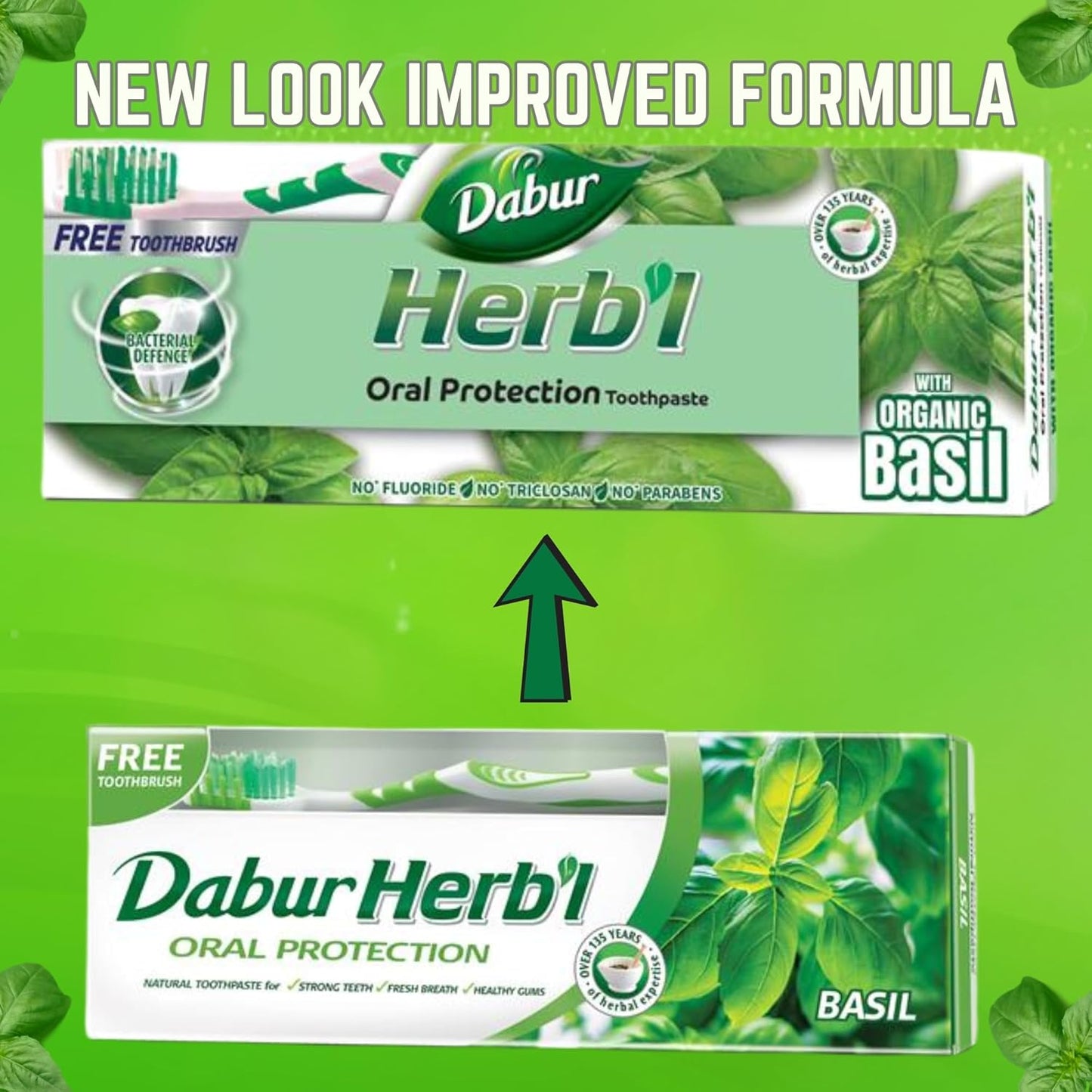Dabur Herbal Basil Natural Toothpaste (140g) with Toothbrush | Complete Oral Protection | Prevents Tooth Decay | Fights Bad Breath