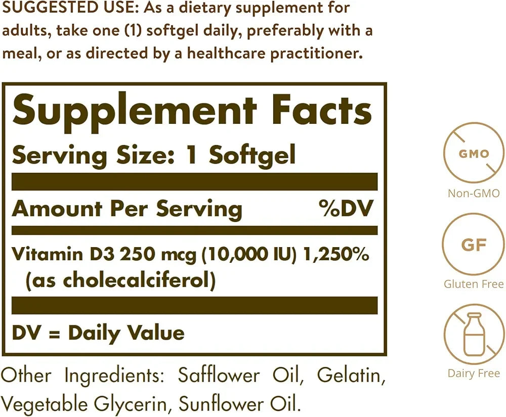 Solgar Vitamin D3 (Cholecalciferol) 250 MCG (10,000 IU), 120 Softgels