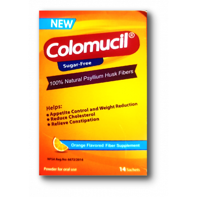 COLOMUCIL SUGAR-FREE 100% NATURAL PSYLLIUM HUSK FIBERS FOR WEIGHT CONTROL & GASTROINTESTINAL TRACT HEALTH 14 SACHETS ORANGE FLAVORED