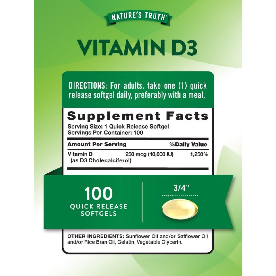 Nature's Truth Vitamin D3 10000 IU Softgels | 100 Count