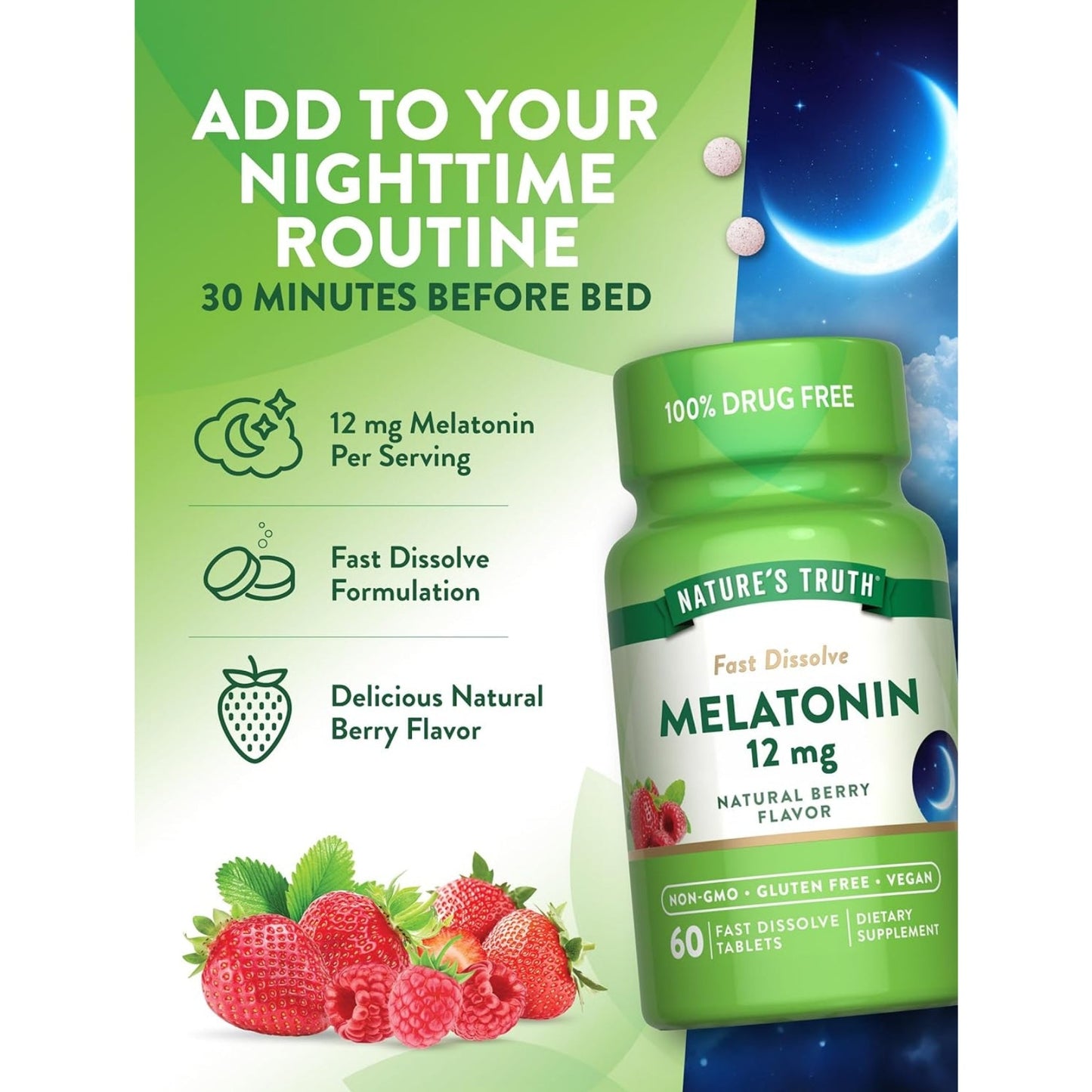 Nature's Truth Melatonin 12mg | 60 Fast Dissolve Tablets | Natural Berry Flavor