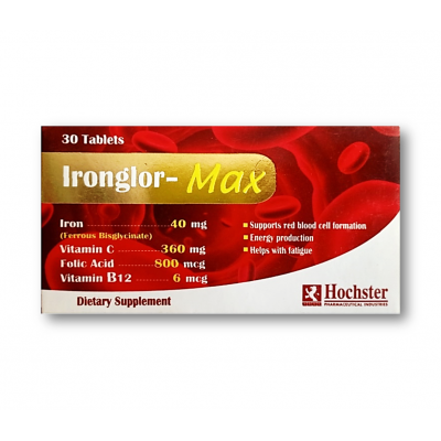 IRONGLOR - MAX DIETARY SUPPLEMENT ( Ferrous Bisglycinate chelate+ VITAMIN C, B12+ FOLIC ACID  ) 30 TABLETS