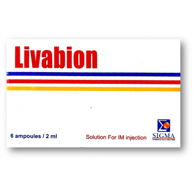 LIVABION ( VIT. B1 THIAMINE 5MG + VIT. B6 PYRIDOXINE 4MG + NICOTINAMIDE 20MG + VIT. B12 CYANOCOBALAMINE 2.5MG + OROTIC ACID 10MG + D-PANTHENOL 6MG + FOLIC ACID 1MG ) 2ML 6 IM AMPOULES