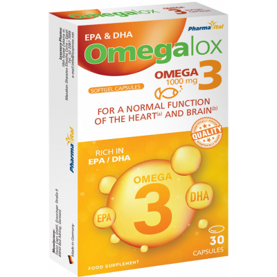 OMEGALOX - 3 1000 MG ( OMEGA 3 FATTY ACIDS TOTAL 334 MG + VITAMIN E 3.4 MG ) 30 CAPSULES