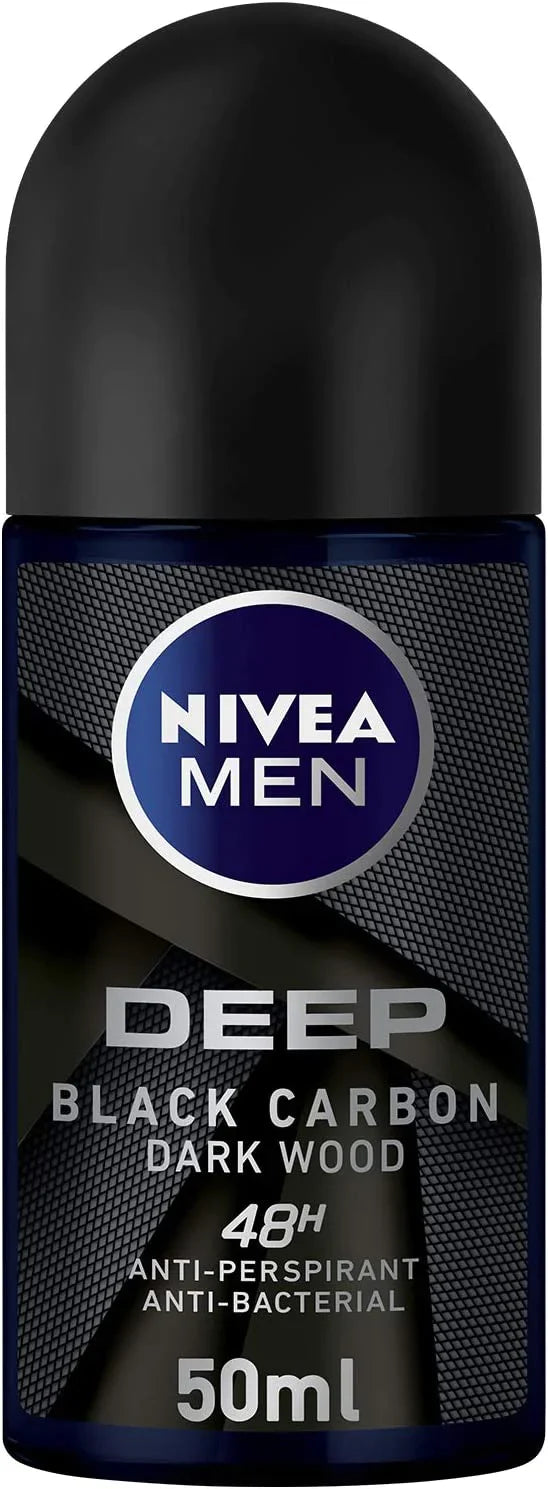 NIVEA MEN ROLL ON DEODORANT DEEP BLACK CARBON DARK WOOD SCENT, 50ML