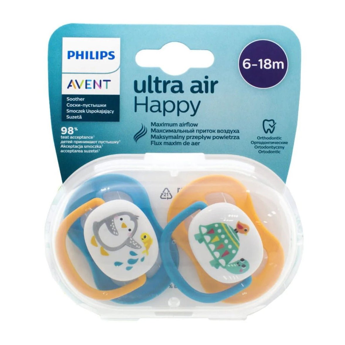 Avent Ultra Air Animals Pacifier 6-18m – Orange & Blue