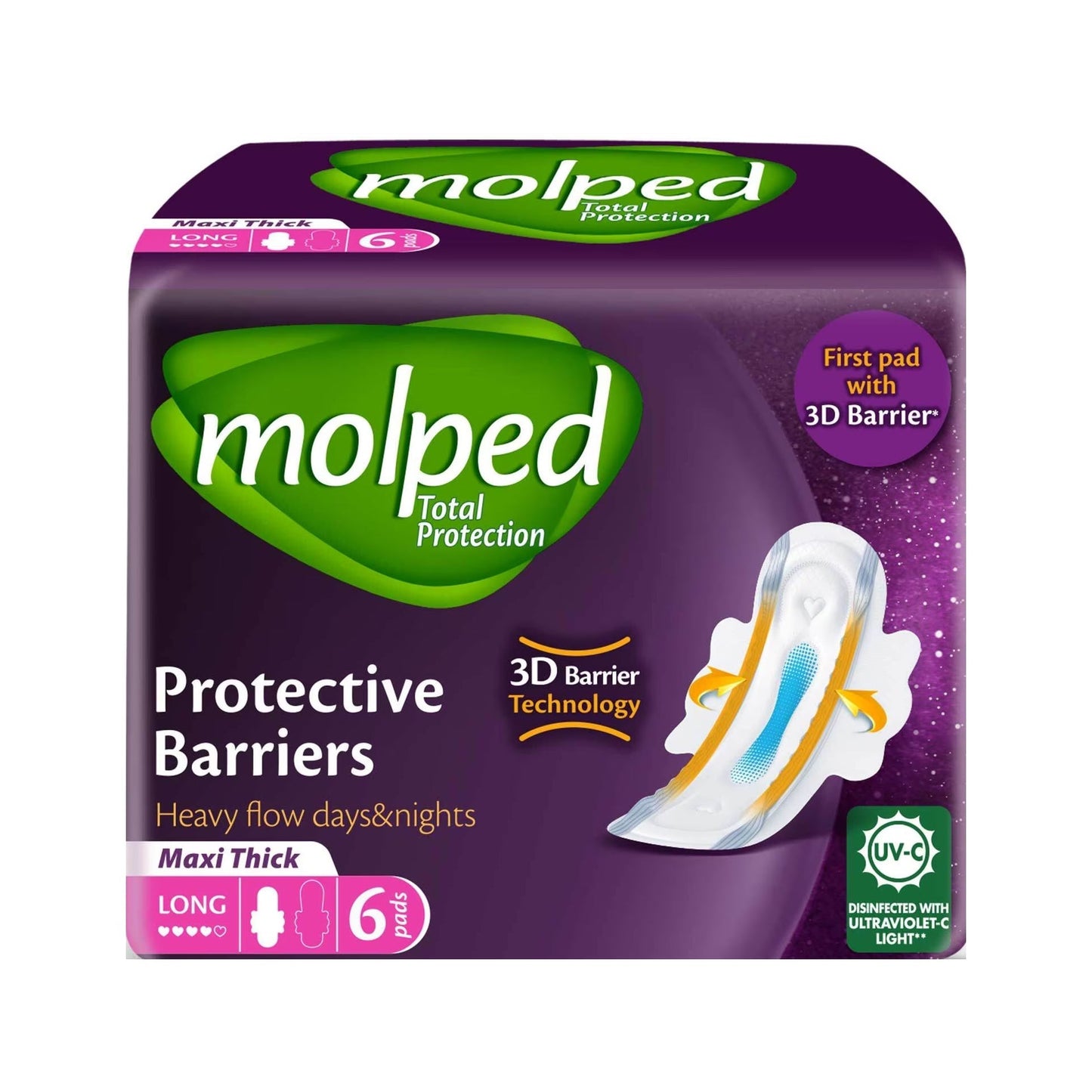 Molped Protective Barriers Maxi Thick Long Pads - 6 Pads